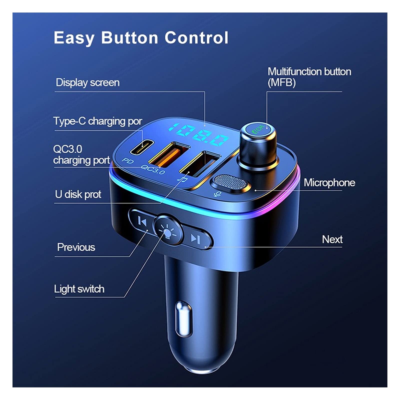 Adaptateur audio Bluetooth Lecteur MP3 de voiture Bluetooth 5.0 FÉMININ Kit de voiture mains libres de transmetteur PD QC 3.0 Double USB Transmetteur de lumières de l'atmosphère colorée du chargeur