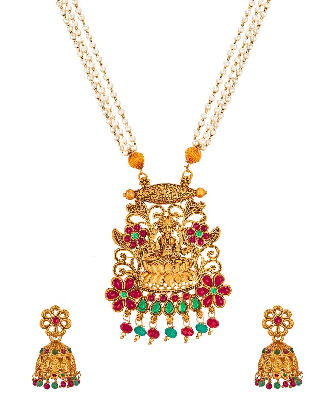 Sushi Jewellery Elegant South Indian Style Laxmi Goddess Designed Necklace Earrings Set Ethnic Temple Jewelry for women (NECLaxmi_Multi) (B0C8M9FHDB) Amazon Price History, Amazon Price Tracker