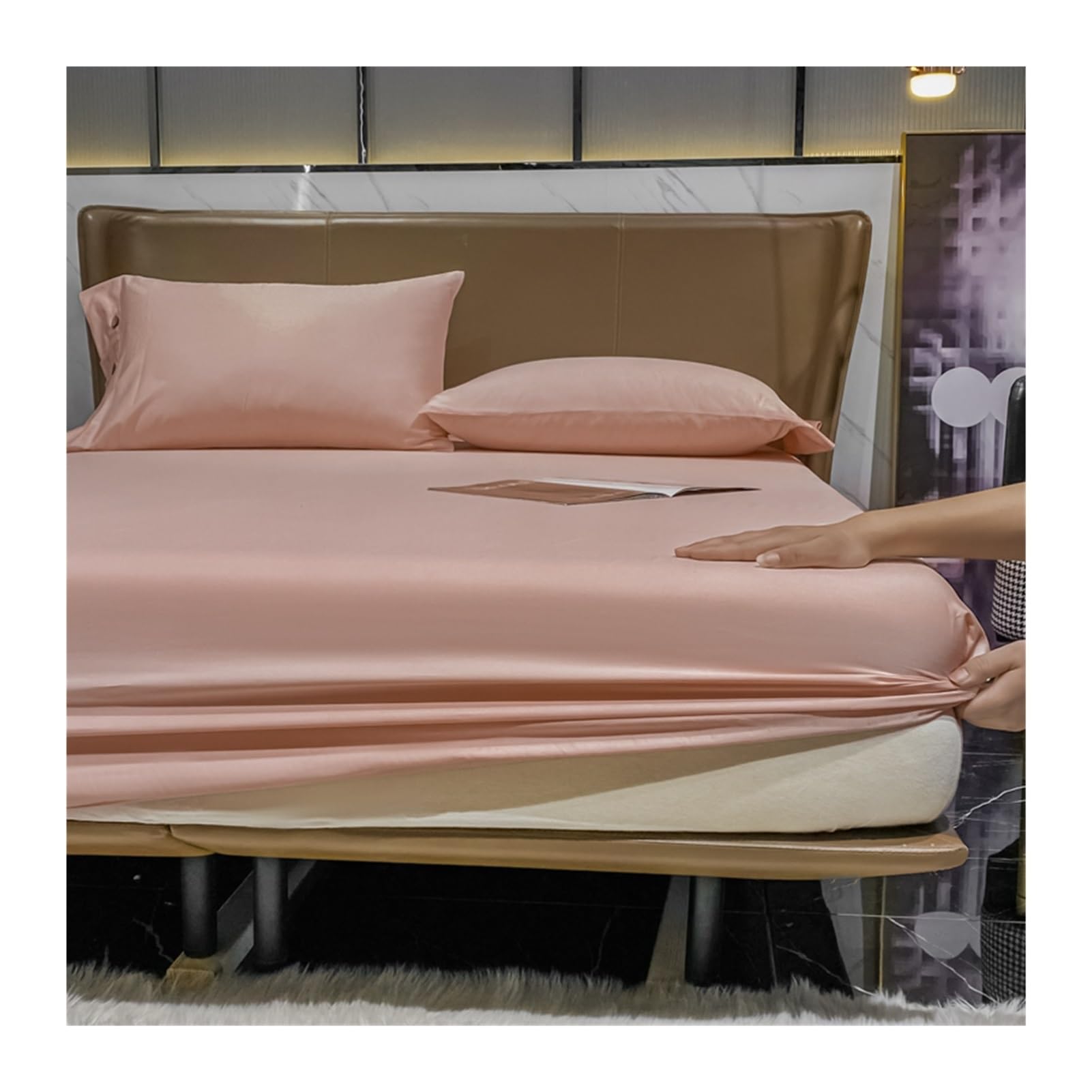 Premium Hotel Quality 1-Piece 100% Cotton Fitted Sheet 500 Thread Count Sateen Weave 11" Deep Pocket Bottom Sheet for Small Double Queen Super King Size Bed ( Color : Pink , Size : 200x220+28cm/3pcs )