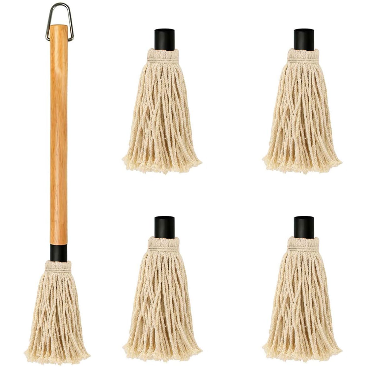 Funito46.5cm Grill Basting Mop Wooden Long Handle with 4 Extra Replacement Heads for BBQ Grilling Smoking Steak