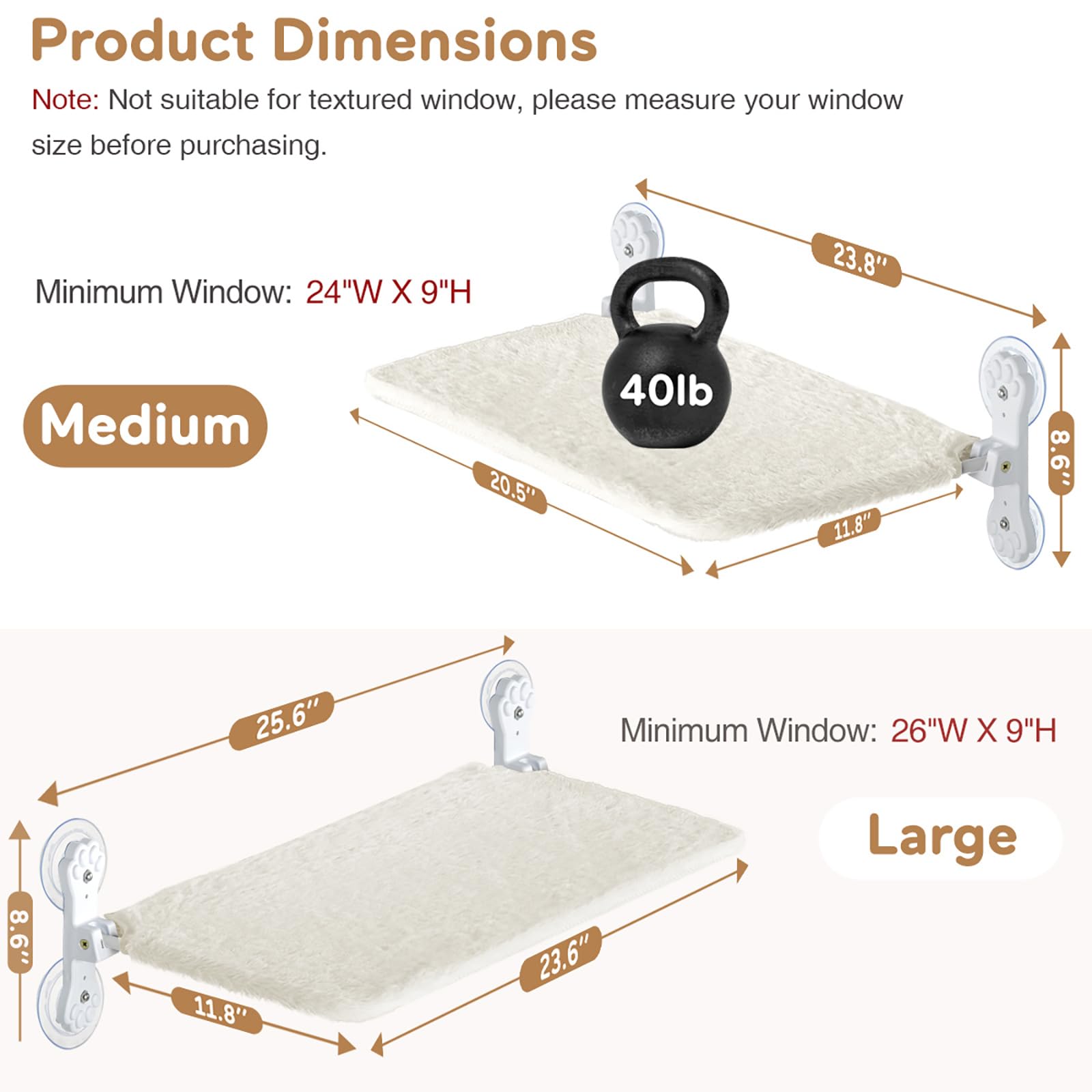 Percha plegable para ventana de gato, hamaca inalámbrica para ventana con 4 ventosas, cama con ventana para gatos en el interior con cubierta reversible y marco de metal sólido (beige, mediano)