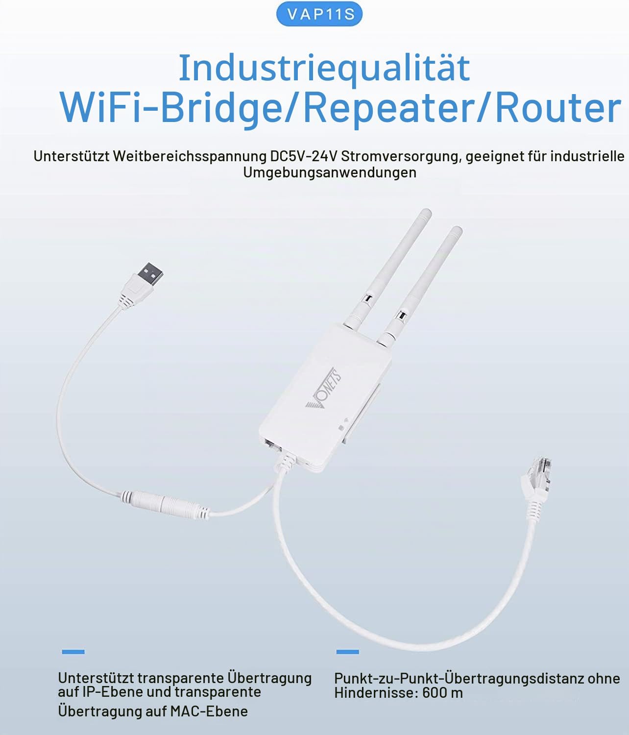 VONETS VAP11S WLAN Repeater WLAN Brücke 2,4 GHz, 300 Mbit/s, Industrie WiFi Bridge mit Router Funktion, 2 LAN Ports, DC 5–24 V, Reichweite bis 500 m, mit Netzteil
