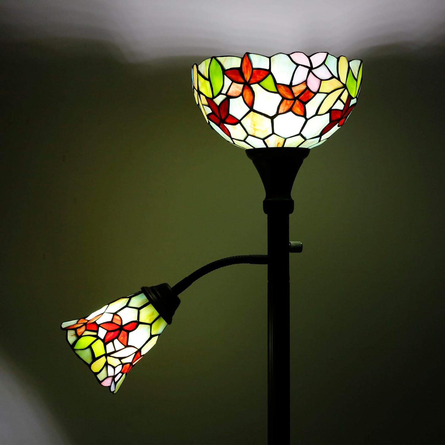 Tiffany Floor Lamp Torchiere with Side Nightlight Red Yellow Green Flowers Stained Glass Reading Light 10X10X71 Inches Pole Standing Corner Torch Uplight Decor Bedroom Living Room Home