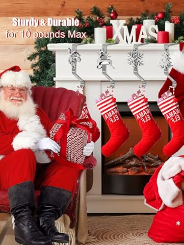 Lanstics Christmas Stocking Holders For Mantle Non-Slip Stocking Hangers Fireplace Stocking Hooks Snowflake Reindeer Snowman Tree Stocking Clips For Fireplace Mantel Home Decoration (Set Of 4),Silver #TOP3