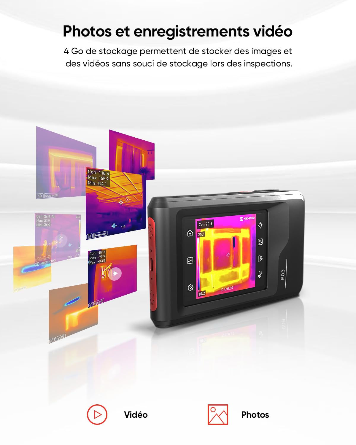 HIKMICRO E03 Caméra d'imagerie thermique compacte de poche, résolution SuperIR 240 x 240 avec caméra visuelle, résolution IR 96 x 96/9 216 pixels, 25 Hz, écran tactile 3,5", IP54, -20 ℃ à 350 ℃