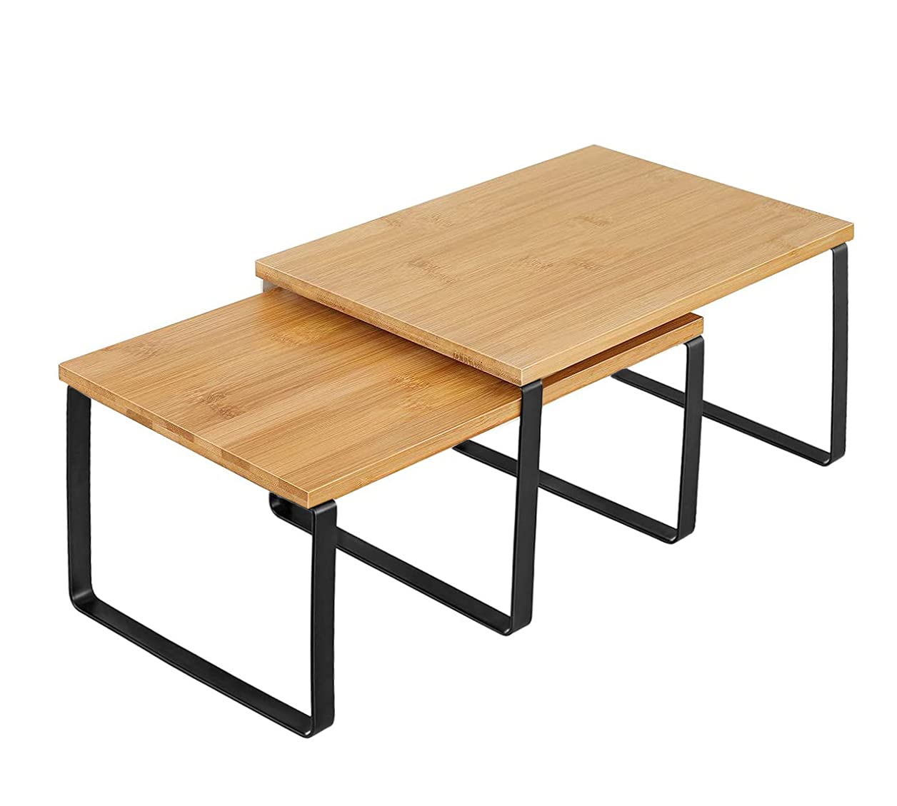 Funito Cabinet Shelf Organizers, Set of 2 Kitchen Counter Shelves, Stackable, Expandable, Metal and Bamboo, Black and Natural