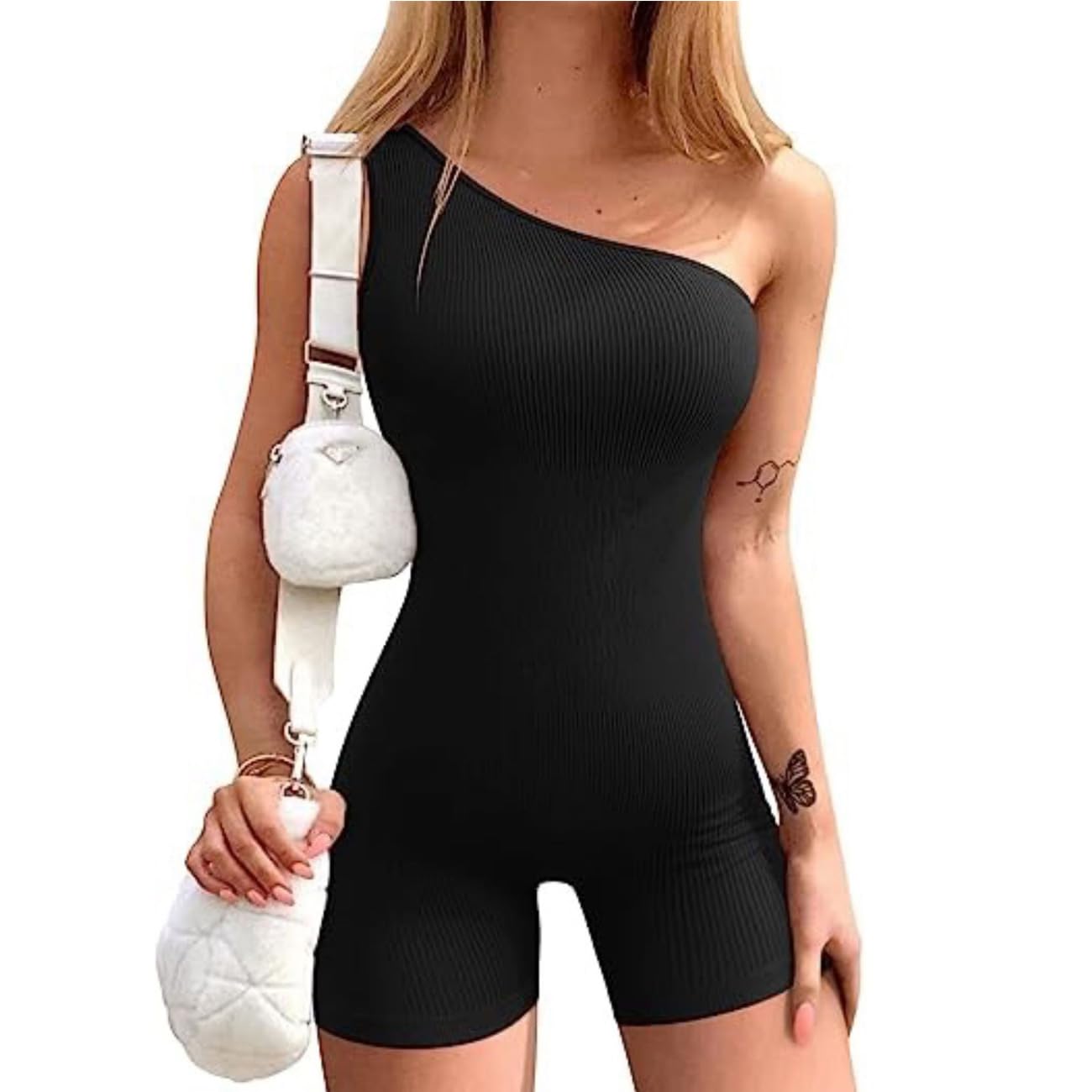 KOEMCY Mono de Mujer Sexy sin Manga Jumpsuit de Un Hombro Una Pieza Casual Monos Acanalado Bodycon Yoga Gym Exercise
