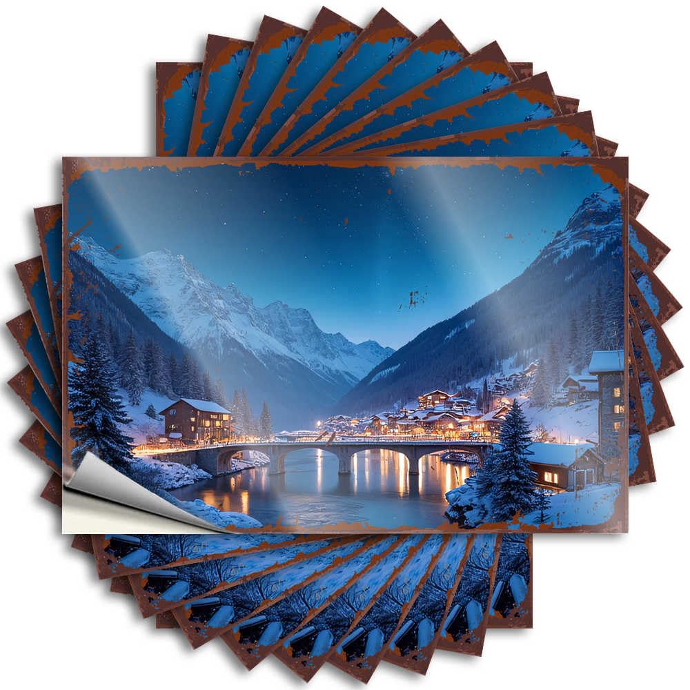 Mens Bathroom Decor, Decal Math Case Snowy Mountain Village with Illuminated Houses and Bridge Over Ri | Tiny Waterproof Vinyl Stickers(6X9CM)
