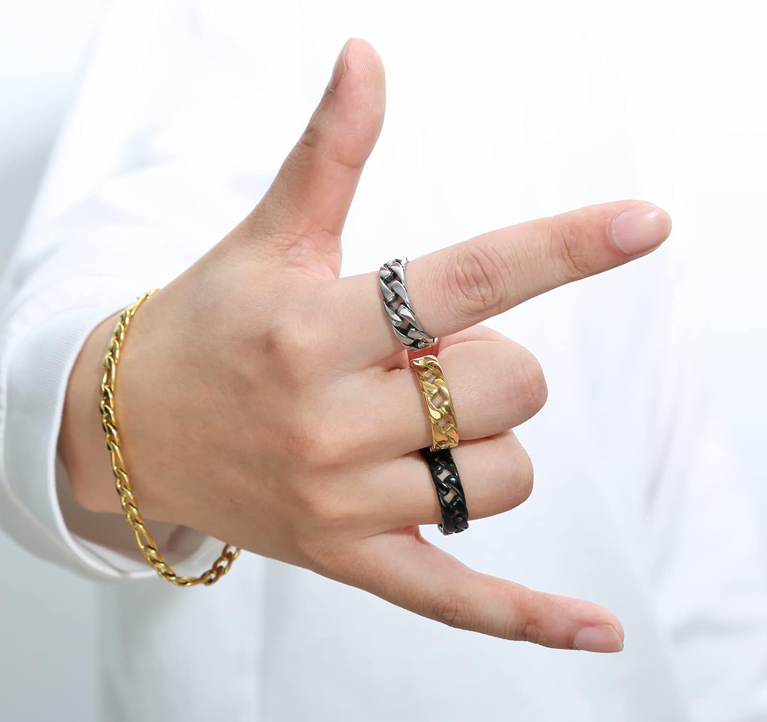 HZMAN Mens Stainless Steel 7mm Wide Band Cuban Link Chain Ring, Silver Gold Black - Image 4