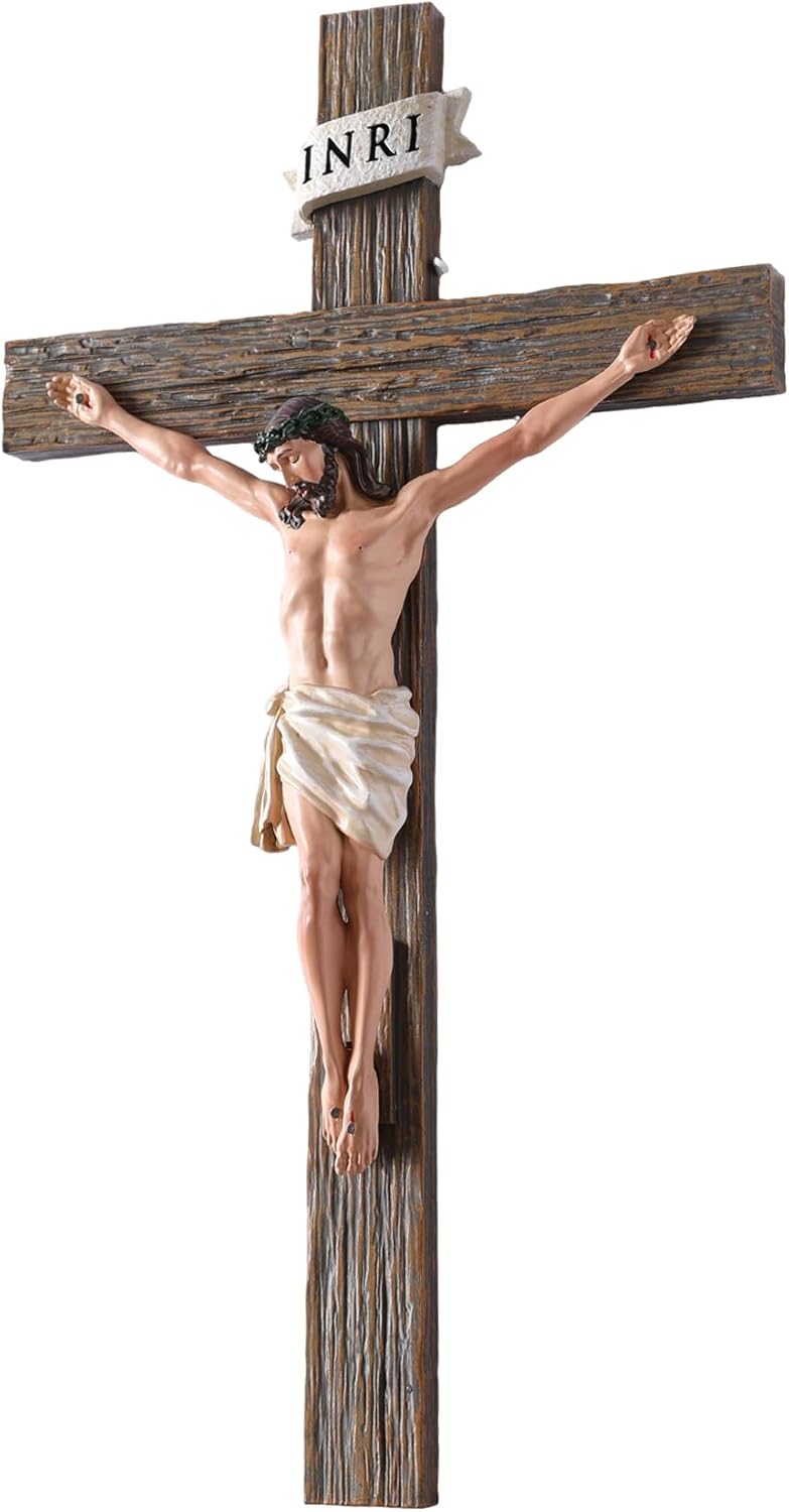Catholic Crucifix Wall Cross - 12" Hand-Painted Jesus Christ Wall Decor, Realistic Wood-Grain Resin Renaissance Sculpture, Inspirational Home Décor & Religious Gifts
