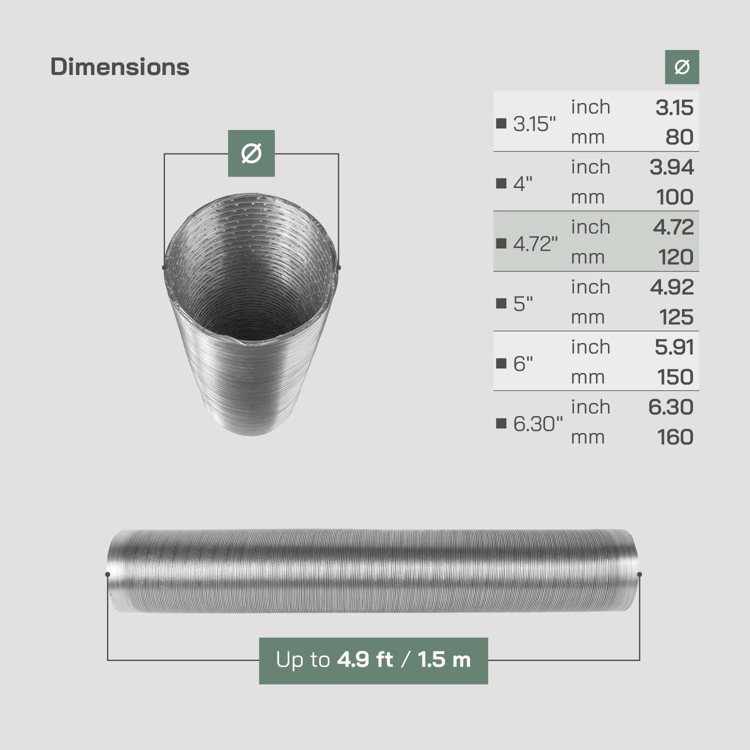 Vent Systems Elastyczna okrągła rura aluminiowa DN 120 mm x 1,5 m długości, wąż aluminiowy, elastyczny wąż, wąż powietrza wylotowego do ogrzewania i chłodzenia, klimatyzacji, suszarki, wentylatora