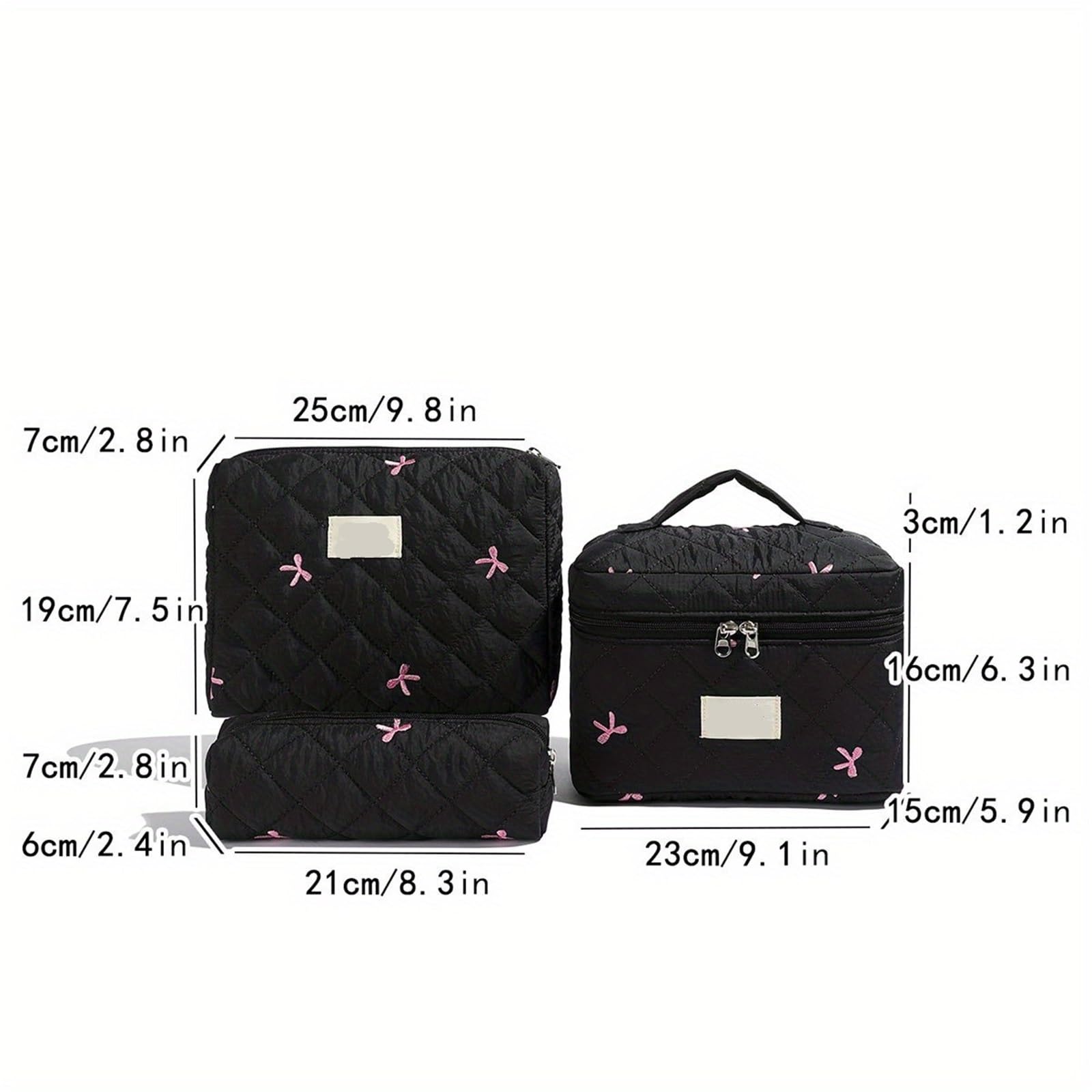 Pochette Trucchi Set da 3 pezzi con fiocco e fiori, borsa da trucco trapuntata da donna, organizer for cosmetici, borsa da donna, custodia da toilette for viaggio(Pink)