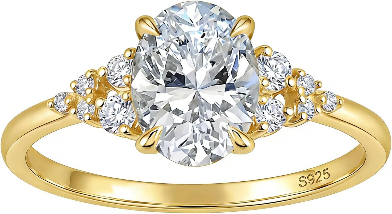 1CT/2CT/3CT 14K Gold Plated 925 Sterling Silver Oval Cut Engagement Rings Solitaire Cubic Zirconia CZ Wedding Promise Bands For Women Size 5-9
