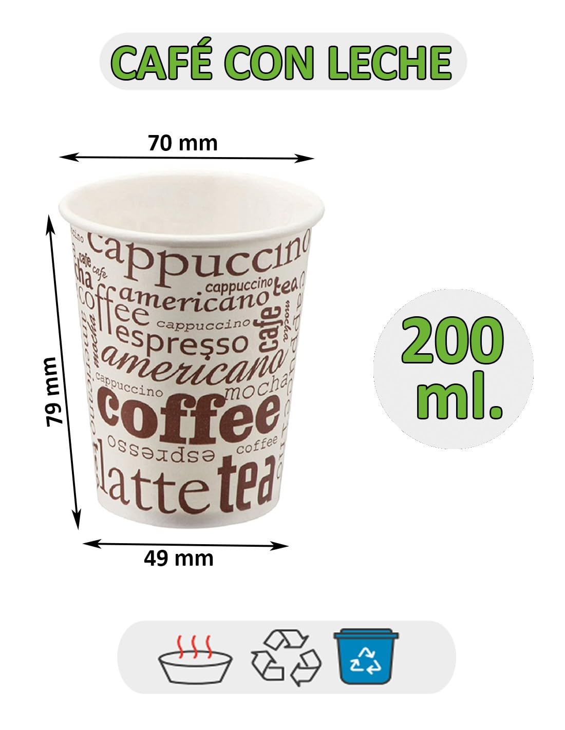 100 Vasos Desechables Café de Papel Cartón de 200 ml, Vasos Resistentes y Elegantes para Bebidas Calientes o Frías, Perfectos para Oficina y Hogar. Incluyen 100 Paletinas de Madera