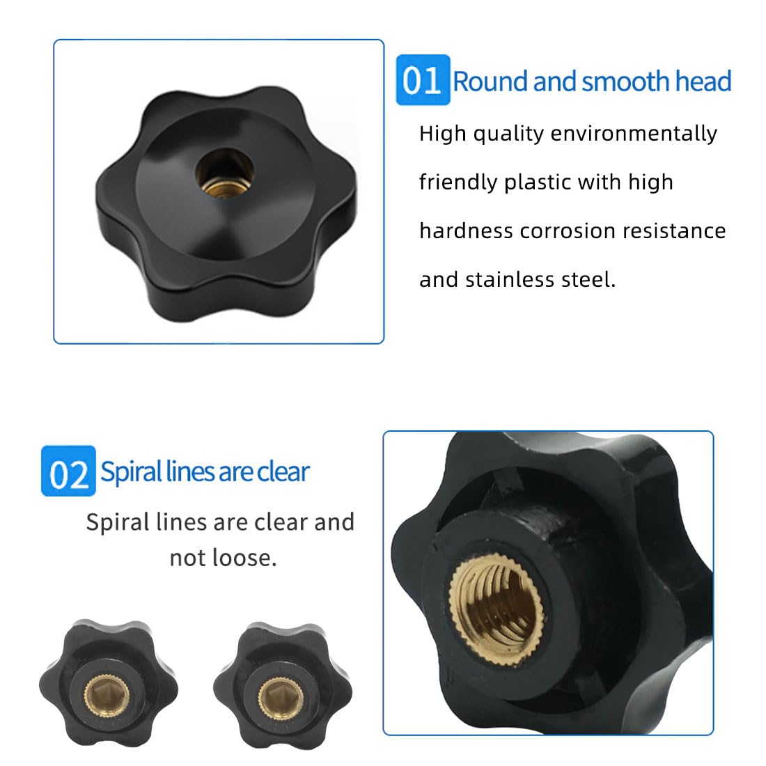 10 Manopole Di Serraggio M6 A Stella | Filettatura Femmina In Ottone | Impugnatura Zigrinata Nera | Per Macchinari Industriali