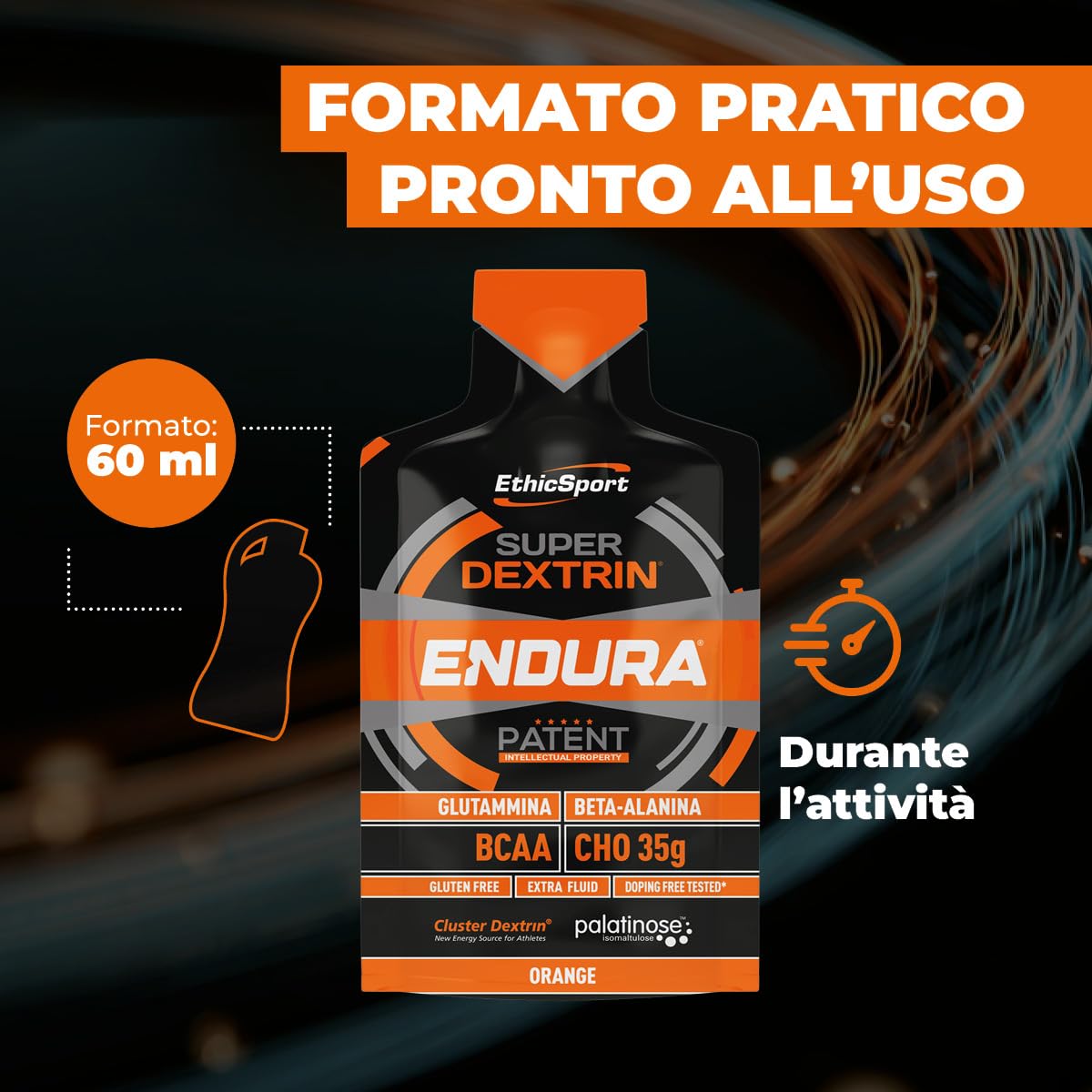 Super Dextrin ENDURA EthicSport – Gel energetico con carboidrati differenziati ed evoluti (Cluster Dextrin e Palatinose) – Senza caffeina - Confezione da 15 x 60 ml - Gusto Arancia