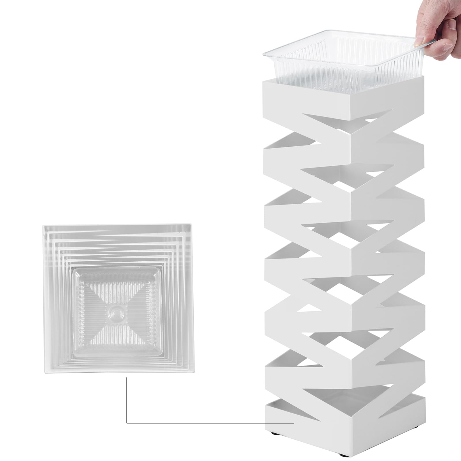 SONGMICS Soporte de Paraguas Cuadrado con Bandeja de Goteo Extraíble 4 Ganchos 15,5 x 15,5 x 49 cm Blanco LUC16W