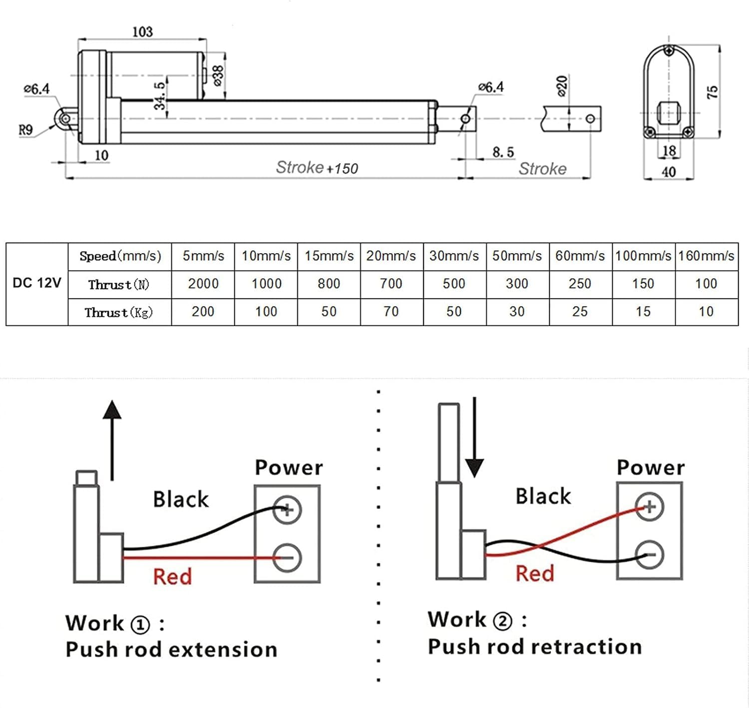 Siłownik Liniowy Dc 12v Elektryczny Silnik Podnośnika 400mm Skok 5mm/s 2000n Max, 400mm, 50mm/s-300N(30KG)
