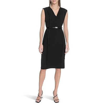 Calvin Klein Solid Scuba Crepe V neck Sheath Women