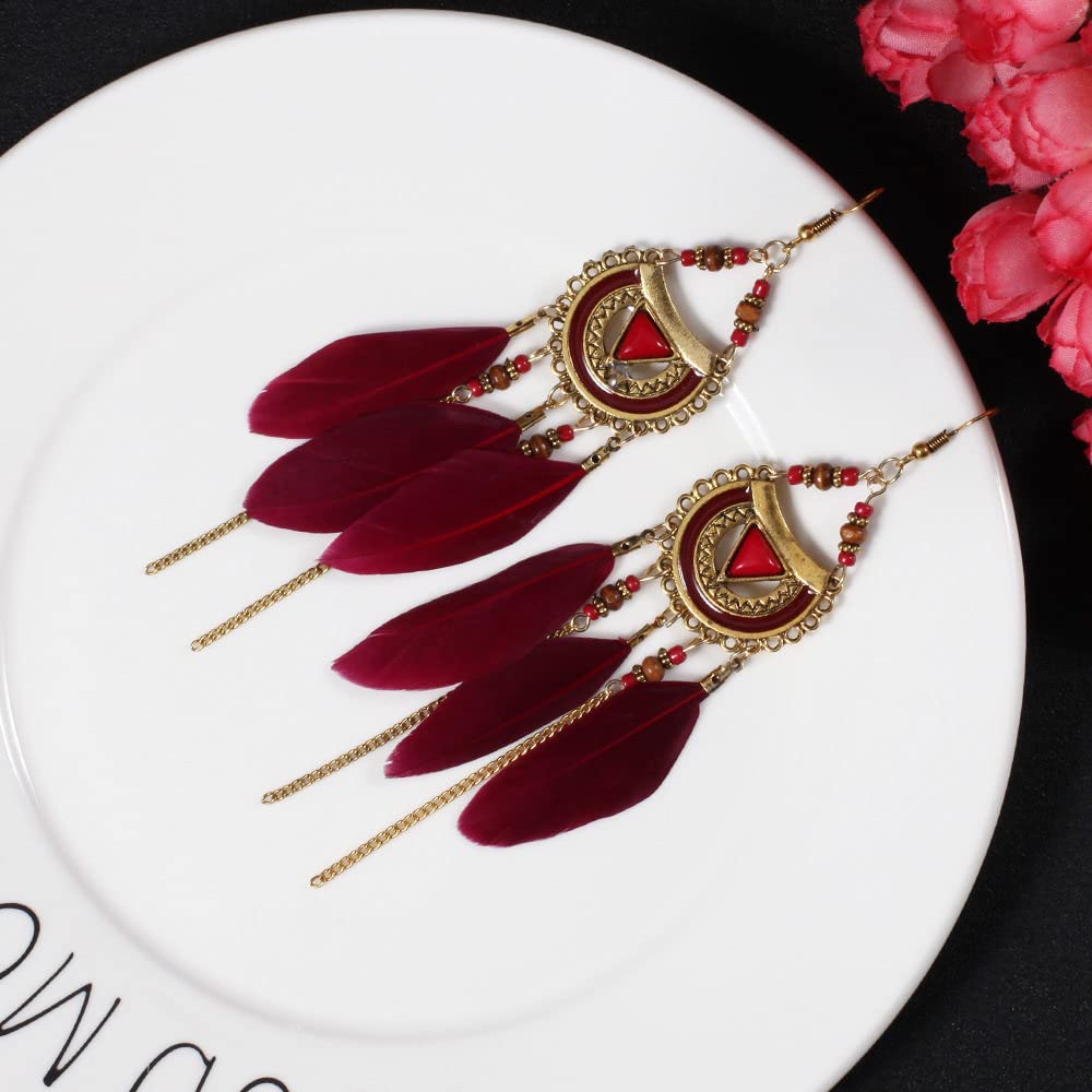 2 Piezas Pendientes de Plumas -Pense de Hojas geométricas Bohemio Pendientes geométricos de Pluma Geométrica Drop Changle Boho Curved Needle Pendientes para Mujeres Joyas de Moda ui