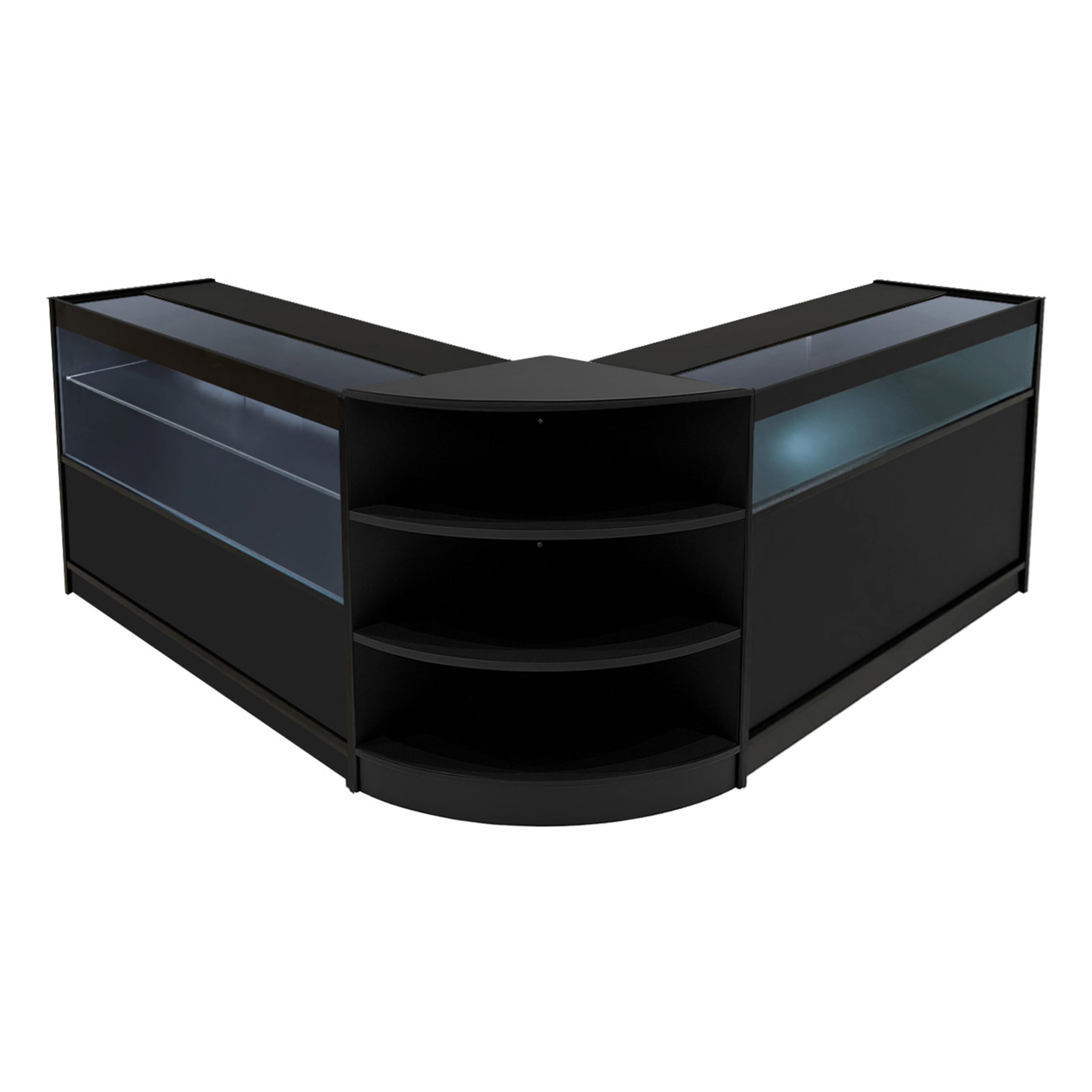 Comptoirs de Vente en MDF Noir à LED Blancs Ensemble Harmonia LM60 B1200 C1200 3 Unités de Rangement Étagères Internes Portes Coulissantes Verouillables Réception Bureau Vêtements Bijoux [Clés INCLUS]