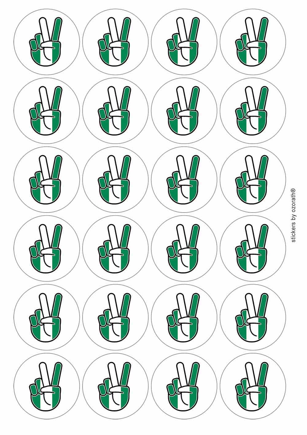 Nigeria Nigerian National Flag Peace Sign V Circular Matt Paper Stickers A4 Sheet of 24 (Each Sticker is 45mm Diameter)