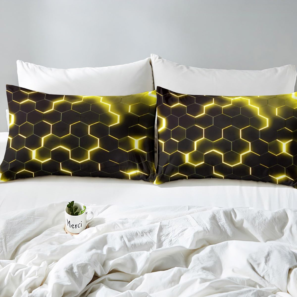 Yellow Black Geometric Comforter Cover Neon Hexagon Honeycomb Bedding Set for Boys Kids Teen Men Reversible Black,Modern Duvet Cover Geometrical Beehive Quilt Cover Double - Image 4