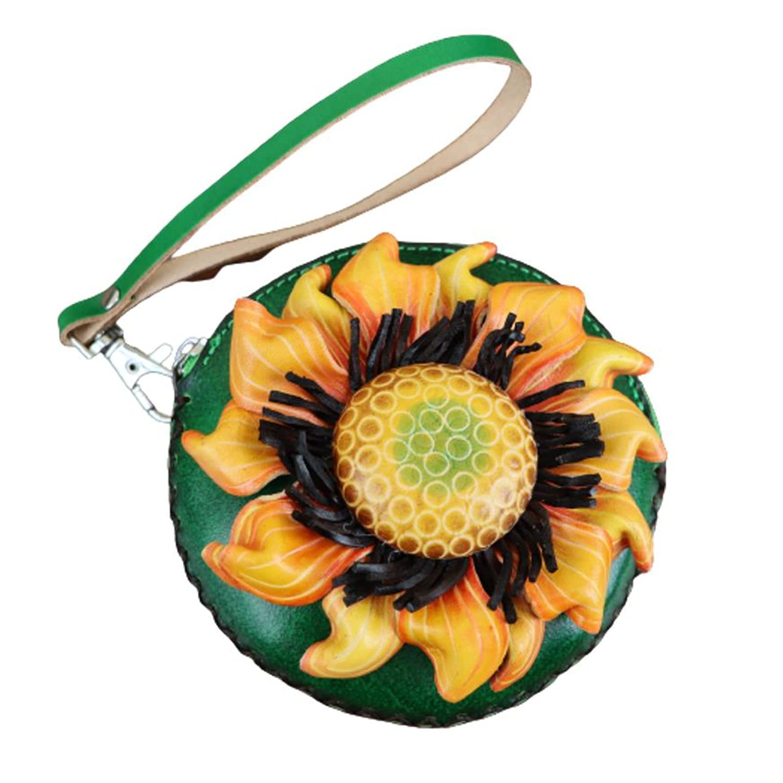 FanyixuanHandmade Vegetable Tanned Cowhide Sunflower Coin Purse Key Coin Card Lipstick Headphone Storage Clutch Mini Flower Round Bag, green, S, Lovely