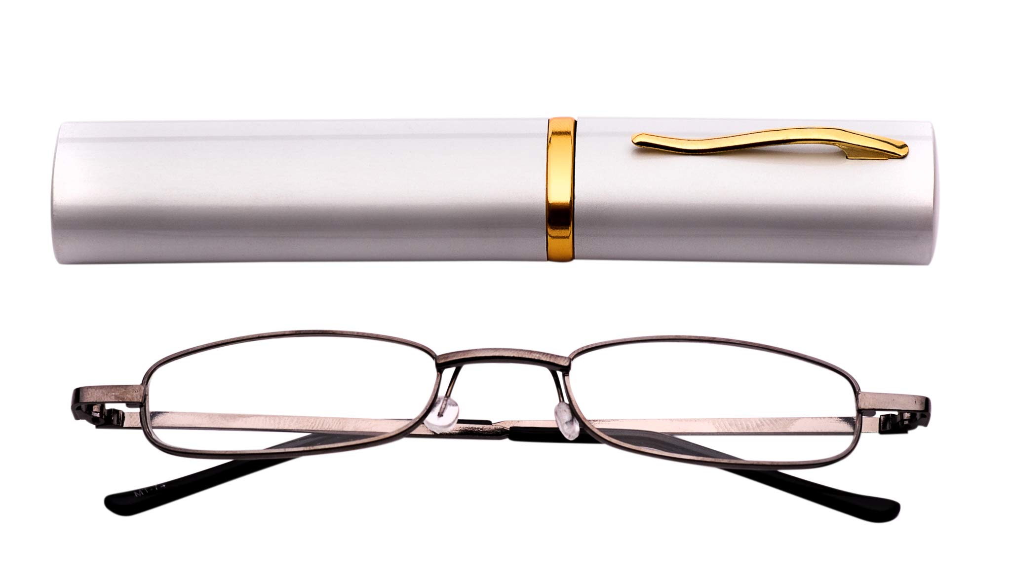Fads & Fashions Grey Frame With Silver Case Mt74 Pen Holder Grey Or Silver Frame Compact Reading Glasses With Case With 12 Lens Strength Variations Up To +3.75 (, 4.0)
