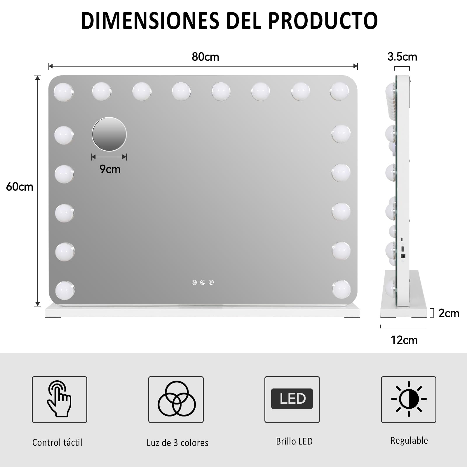 YU YUSING Hollywood Espejo Maquillaje con Luz 18 LED, 80 x 60cm, 3 Modos Iluminación Regulables, Espejo Tocador, Espejos de Mesa, USB, 10x, Vanity Mirror Tocador Dormitorio, Esquinas Redondas, Blanco