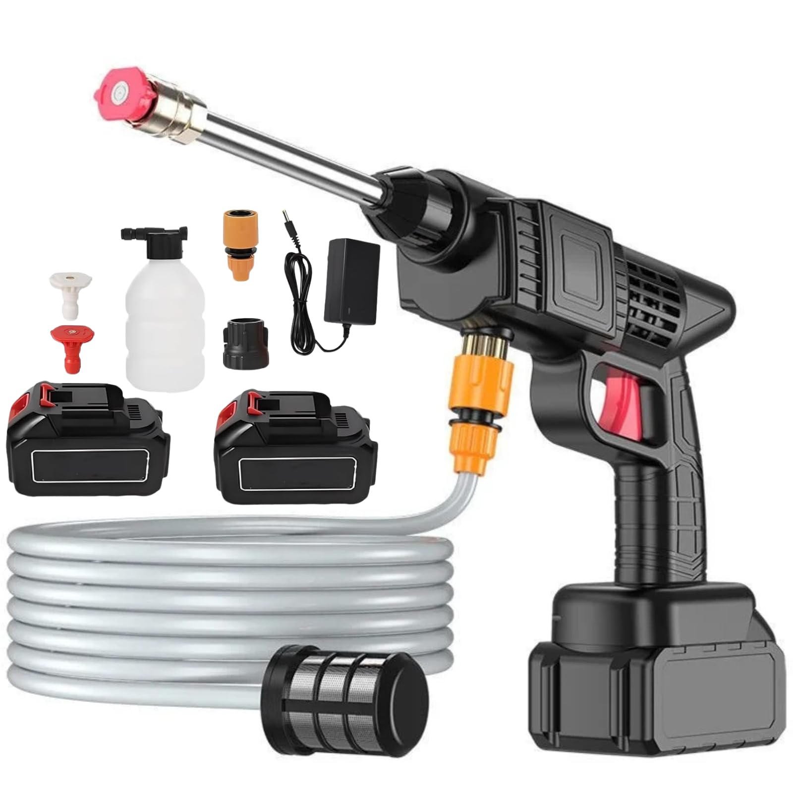 Voltix Hidrolimpiadora portátil a batería – Alta presión inalámbrica con 2 baterías, manguera de 5 m y maletín – Kit de limpieza profesional para coche, jardín, suelos y vallas