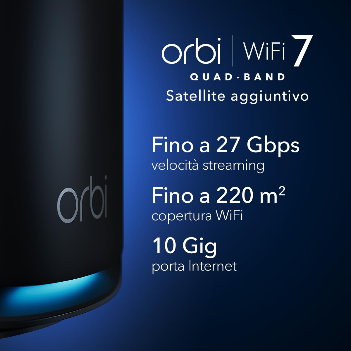NETGEAR Orbi | Satellite aggiuntivo | Mesh WiFi 7 quad-band serie 970 (RBE970)| Funziona con sistema Mesh o router Mesh serie 970 esistente, funzioni di sicurezza | Copre fino a 220 m2 | Kit da 1 Nero