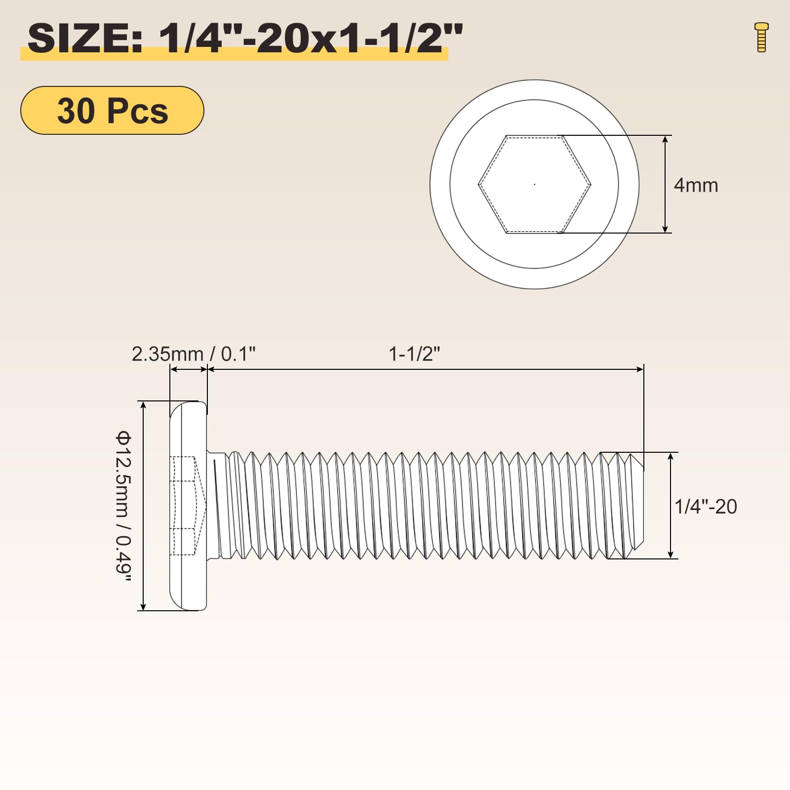 METALLIXITY Flat Head Hex Socket Cap Screws Bolts(1/4"-20x1-1/2") 30Pcs - Image 2