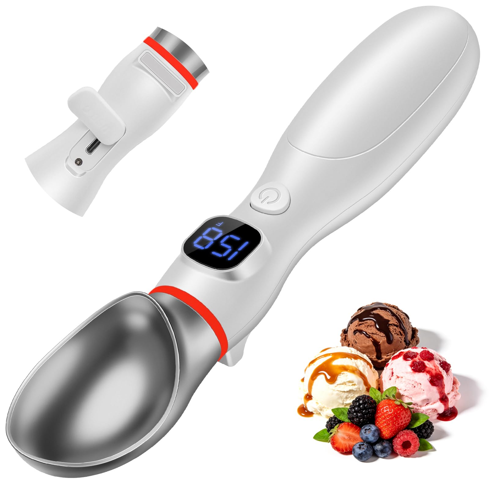 Cuillère à glace chauffante rechargeable, électrique 4000 mAh avec 3 niveaux de chaleur réglables et affichage LED, accessoire de cuisine pour glace dure, étanche IP67, avec voyant lumineux