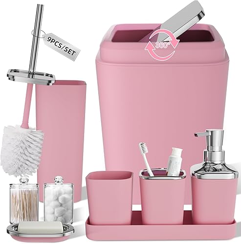 Miniatura 13 de Juego de baño beige de plástico de 9 piezas, con basurero, dispensador de jabón, portacepillos de dientes, vaso, jabonera, cepillo para inodoro