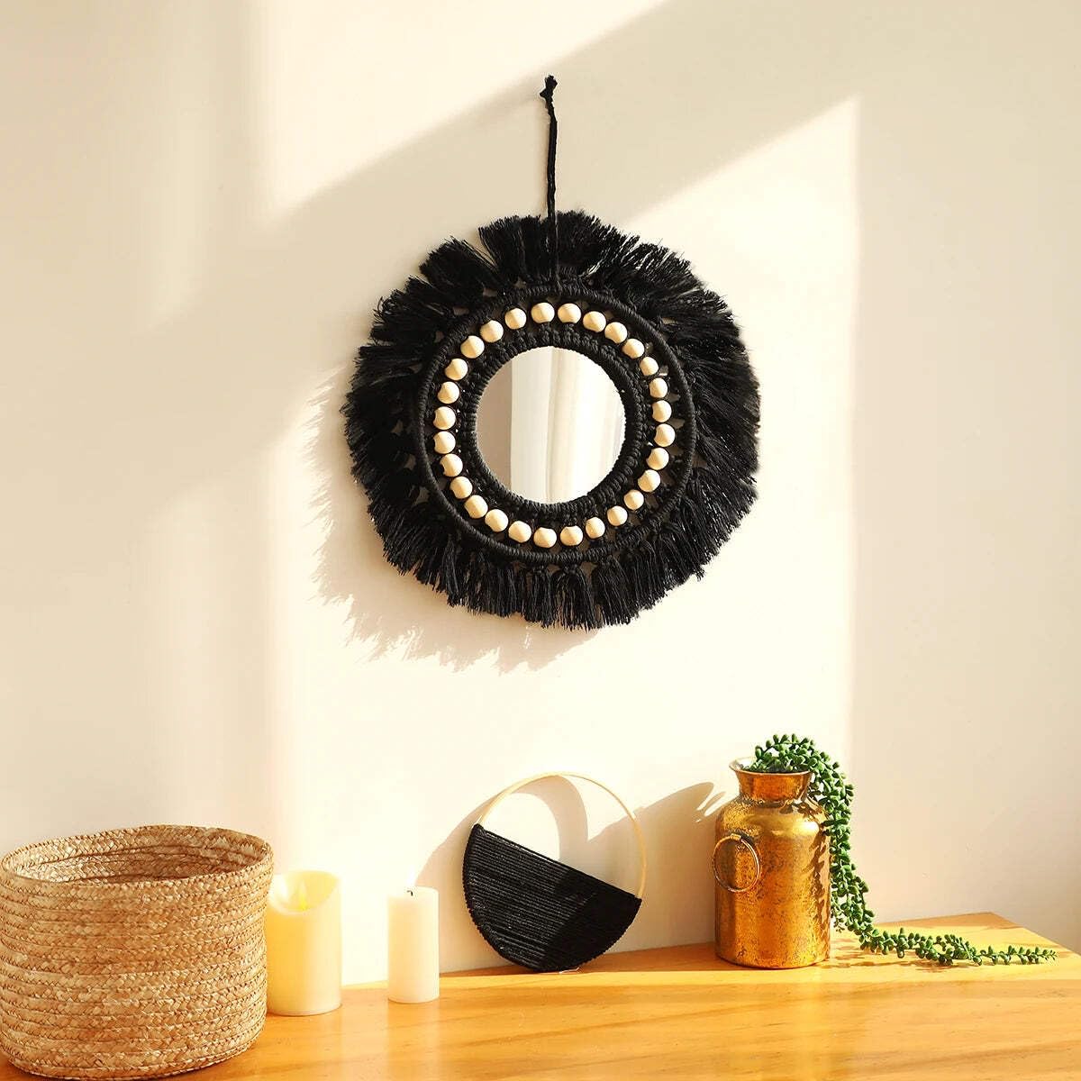 Hemasa Black Macrame Mirror Wooden Beads Round Wall Mirror Boho Home Decoration Aesthetic Room Decor/For Bedroom/Living Room macrame M01030