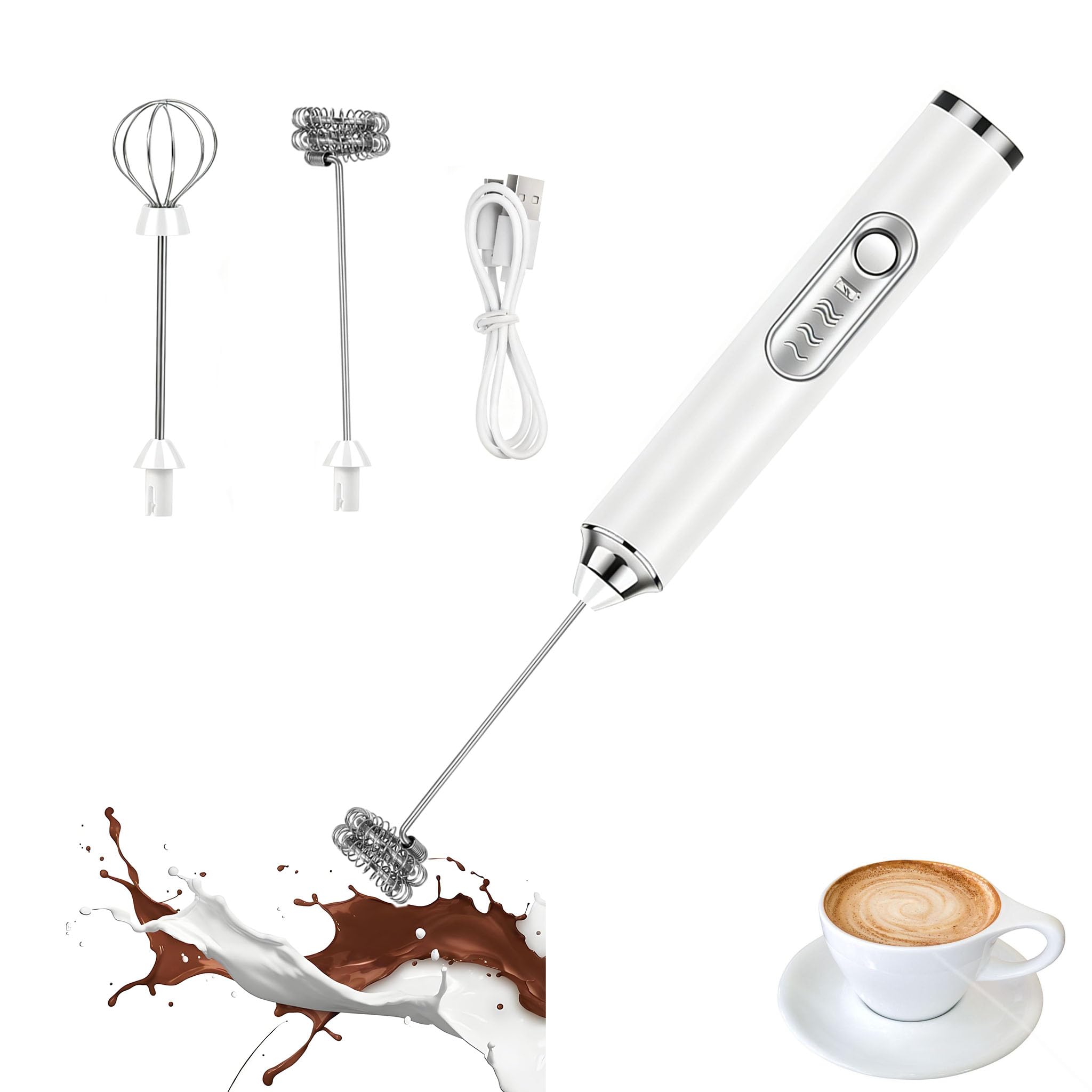 Handheld Milk Frother Wand 3-Speed Electric Whisk Drink Mixer for Coffee Milk Cream Lattes Usb Charging with 2