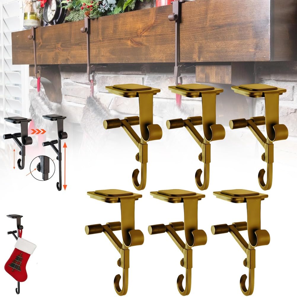 PRMTYUP Fireplace Stocking and Garland Hanger, 2-in-1 Fireplace Stocking and Garland Hanger for Mantle, Heavy Duty Christmas Stocking Holder Stand for Indoor Outdoor Decoration,Gold,6pcs