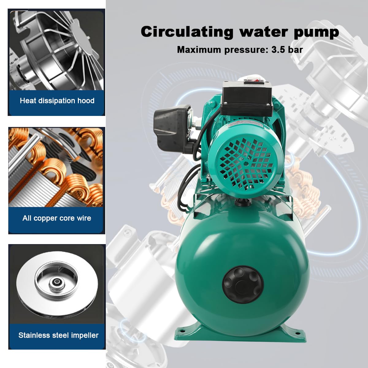 Bomba Agua Autoaspirante 1100W con Depósito 24L, Caudal 3000L/h | IP44 resistente al agua, caudal 50L/min, altura 45m, aspiración 9m, presión 3.5bar, conexión G1, para riego y drenaje