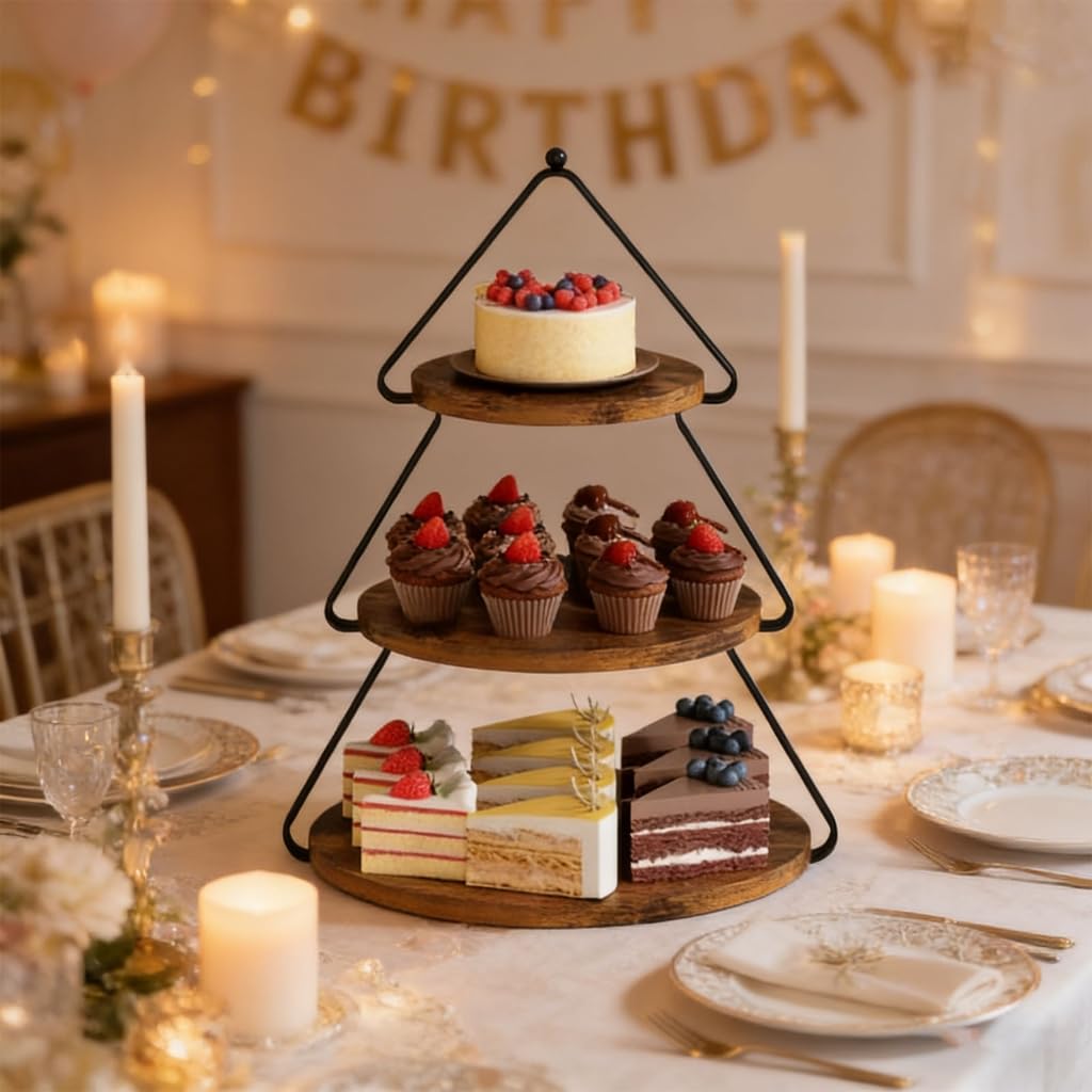 Plateforme de fête portable en bois 3 niveaux pour présenter des mini gâteaux bonbons et des heures d'œuvre