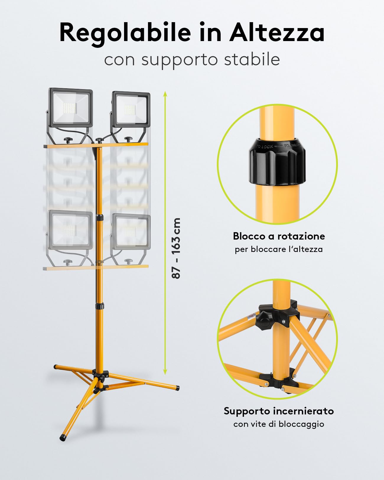 goobay 49984 Faretto LED da Cantiere telescopico, Doppia Testa, per Interni ed Esterni, treppiedi in Metallo, Luce Bianca Fredda, Giallo, 2x 50W