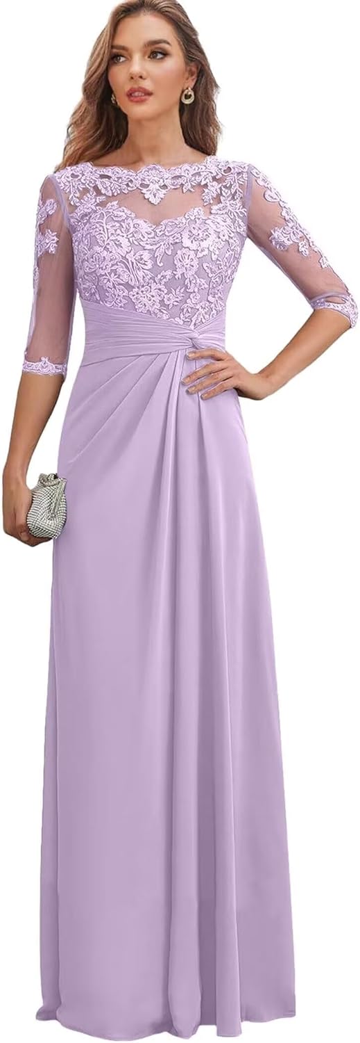 3/4 Sleeve Lace Mother of The Bride Dresses for Wedding Chiffon Ruffle A Line Long Wedding Guest Dresses for Women