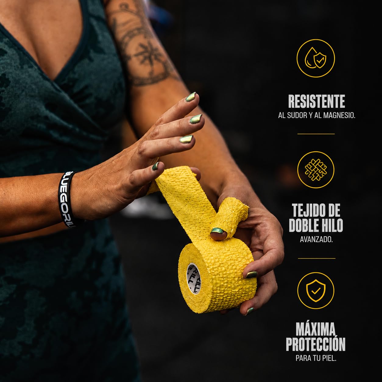 BlueGorilla Tape CrossFit Elástico (Pack 6 Rollos) - Esparadrapo Deportivo Flexible para Hook Grip y Dedos - Incluye Llavero de Regalo - 3.8cm x 7 m.