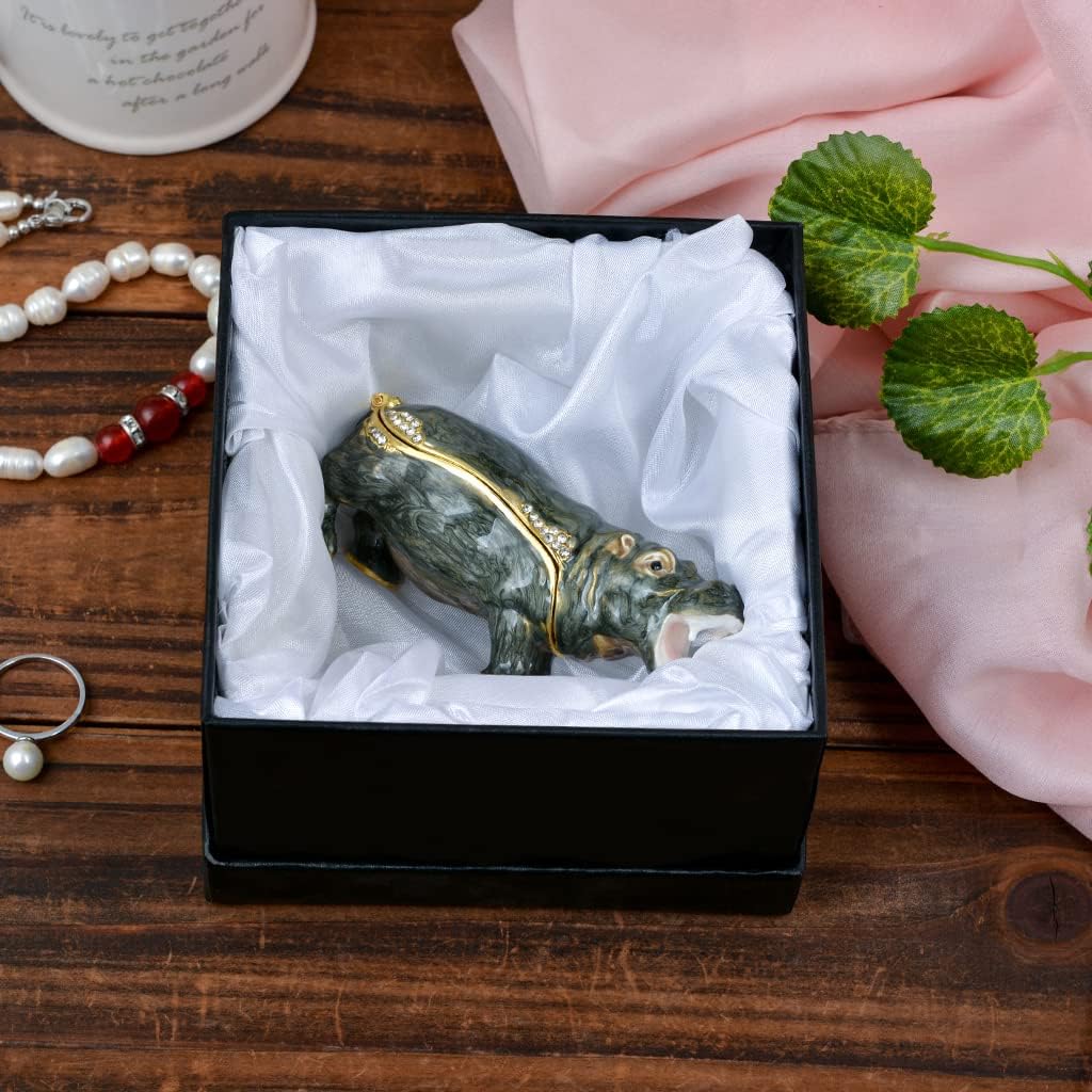 Hippo Jewelry Box Golden Jeweled Enameled Hand-Painted Hinged Hippo Trinket Box, Elegant Home Décor & Unique Gift for Animal Lovers