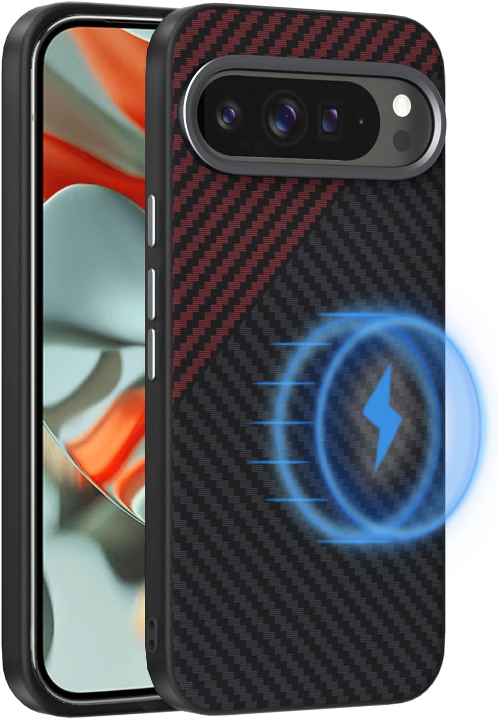 Magnetic Carbon Fiber Case for Google Pixel 9 Pro XL Compatible with MagSafe, Slim & Ultra Thin Aramid Fiber Anti-Scratch Military-Grade & Metal Camera Shockproof Case, Black&Red Black&Red Google Pixel 9 Pro XL