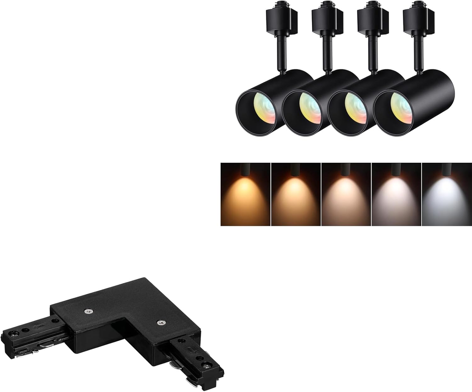 LEONLITE H Track L Connector, H Type Single Circuit 3-Wire-1 Track Lighting Kit, Black Bundle 5CCT 8.5W LED Track Lighting Heads, 27K/30K/35K/40K/50K Selectable, Matte Black, Pack of 4