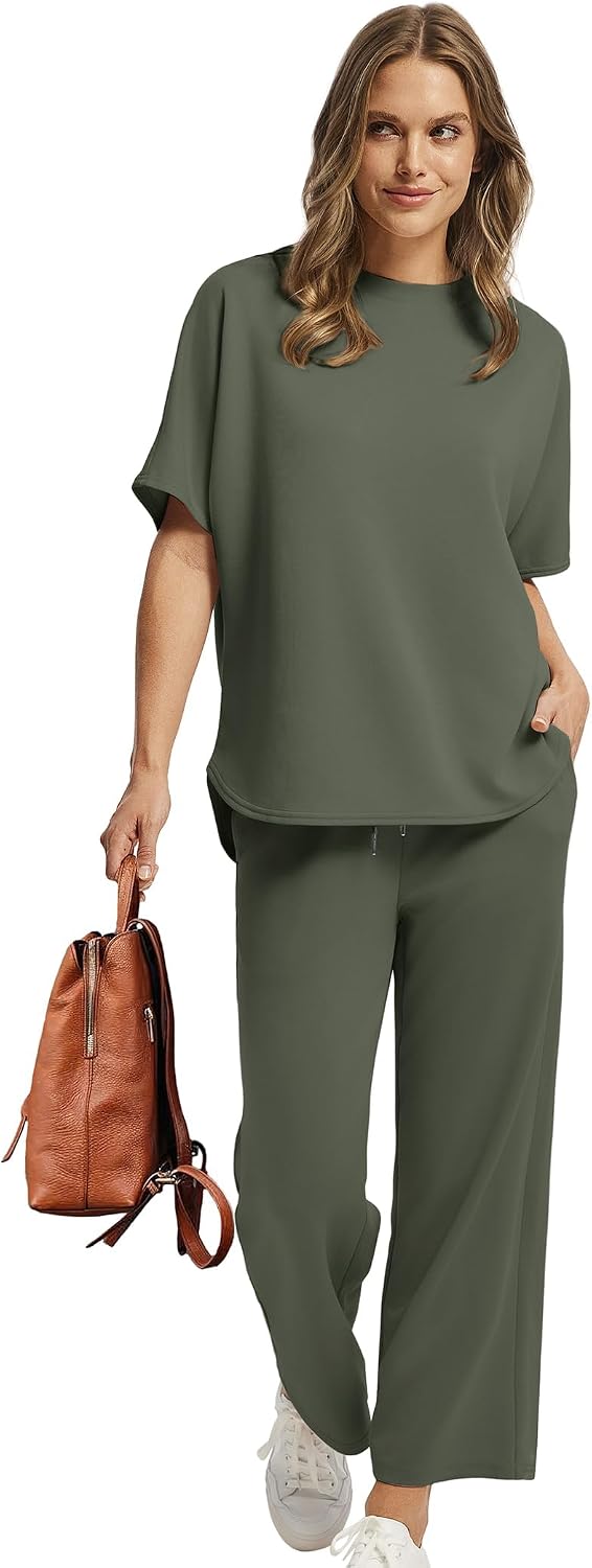 Desol Two-Piece Women's Summer Outfits, Tracksuit Sets, Short Sleeve Top & Jogging Bottoms, Wide Leg Capri Trousers for Leisure & Home Use & Travel M olive green