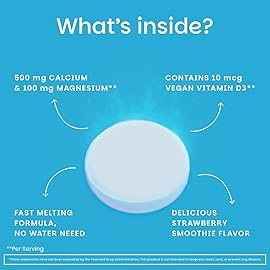 EZ Melts Calcium & Magnesium - Daily Supplement for Heart, Bone, Immune & Brain Health - with Vitamin D3 - Non-GMO & Vegan - Strawberry Smoothie - 60 Dissolvable Tablets (30 Servings)