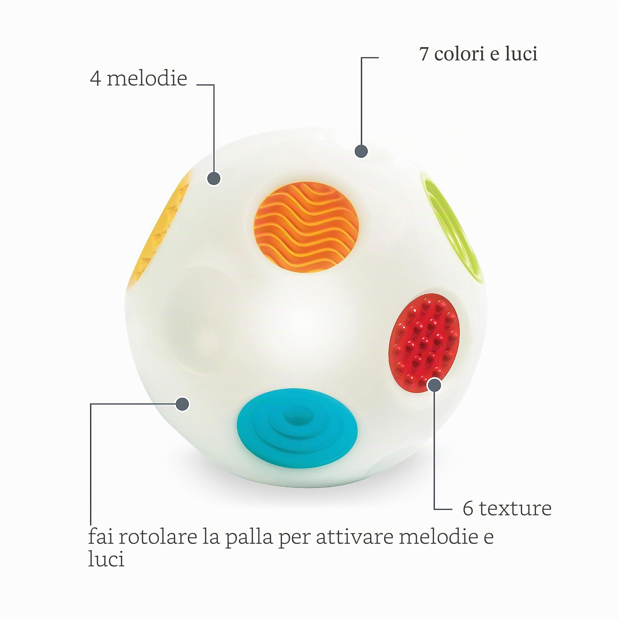 Infantino - Senso Sensoriale - Stimola lo Sviluppo Sensoriale - Palla Sonora Musicale - Giocattoli Educativi - Favorisce le Competenze Motorie - Regalo Neonato per Bambini da 9 a 36 Mesi