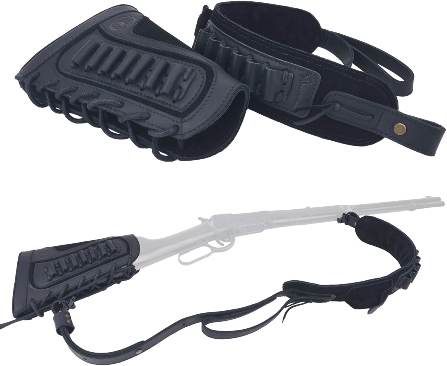WAYNE'S DOG Cowhide Leather Gun Shell Holder Buttstock with Matched Rifle Sling for .308 .45-70MAG .357 .22LR 12GA